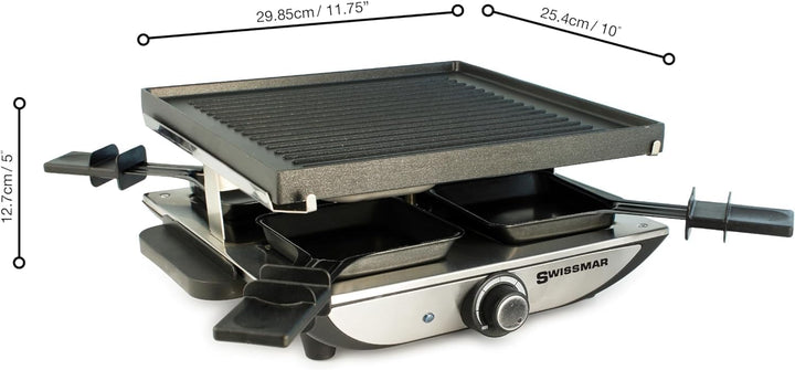 Swissmar Geneva Raclette 4 Personen, Raclette Grill mit Pfännchen und Schiebern, Mini Raclette-Grill