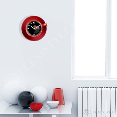 FLEXISTYLE Moderne Küchen Wanduhr Tasse Perfetta, rot, Acrylglas, UV-Druck, Made in EU, Rot