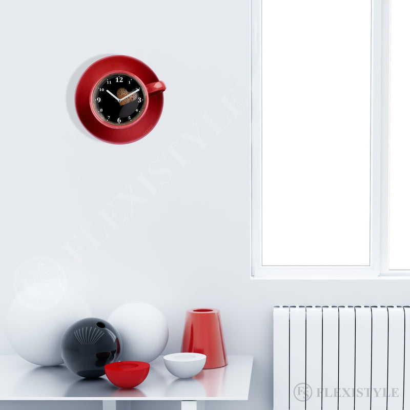 FLEXISTYLE Moderne Küchen Wanduhr Tasse Perfetta, rot, Acrylglas, UV-Druck, Made in EU, Rot