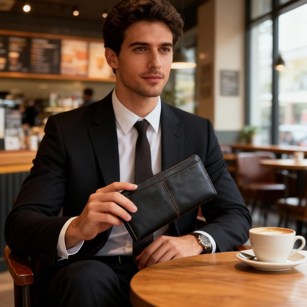 PORRASSO Leder Geldbörse Herren Clutch Tasche Kreditkartenetui Brieftasche Handytasche Portemonnaie