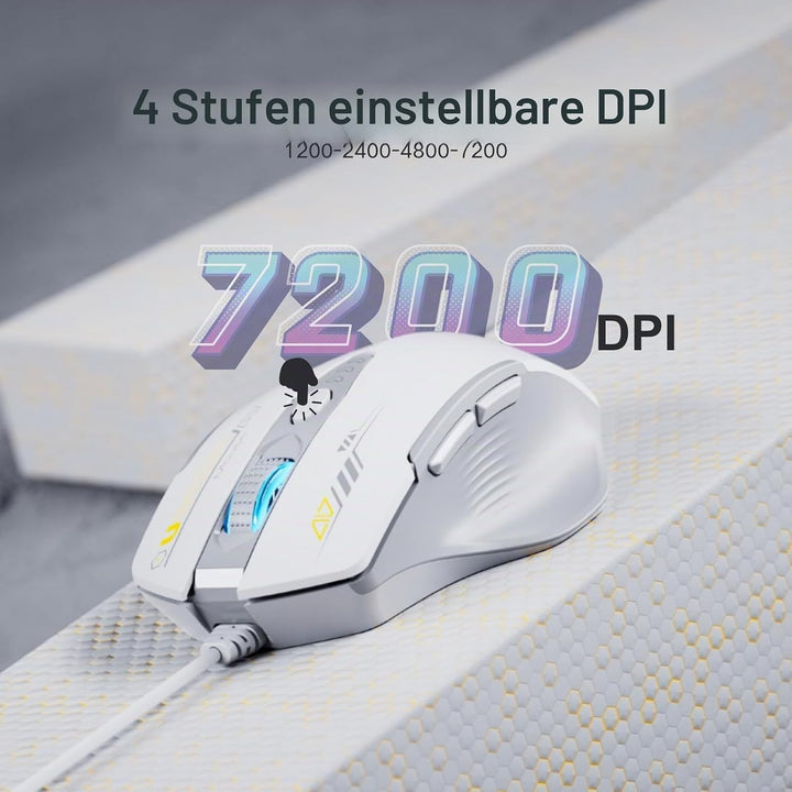 Uineer Maus Mit Kabel, ergonomisches Design, bis zu 7200 DPI einstellbar mit 6 Tasten, Computer Maus