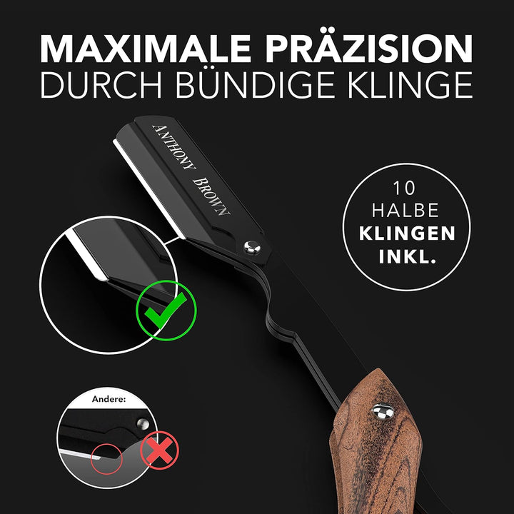Anthony Brown® Rasiermesser Holz in Schwarz oder Silber - einzigartiger Klingenkopf für mehr Präzisi