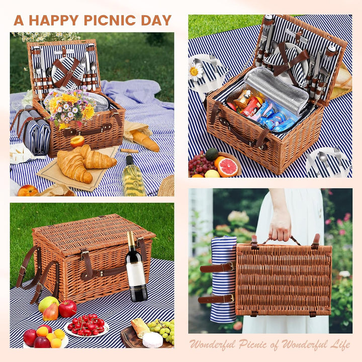 Premium Picknickkorb-Set für 4 Personen, Weidenkorb mit Kühlfach, Wasserdichter Decke, Tellern, Gläs