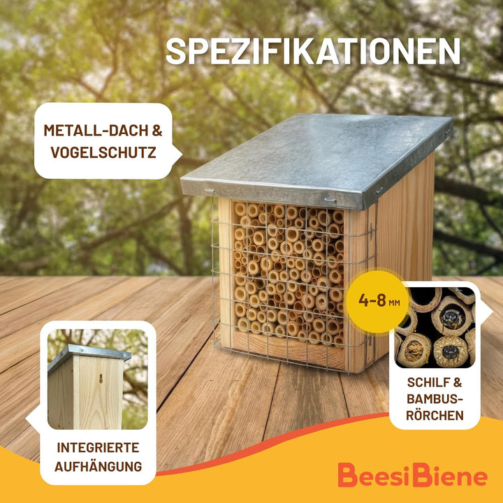 BEESI Bienenhotel mit Metalldach &amp; Schutzgitter - Langlebiges Insektenhaus für Solitärbienen - Natür