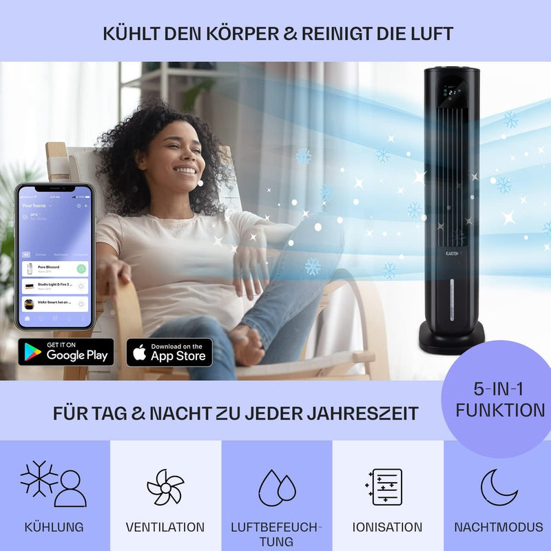 Klarstein Polar Tower Smart – Luftreiniger, Ionisator, WLAN: App-Steuerung, 85 W, 3306 m³/h, 4 Gesch