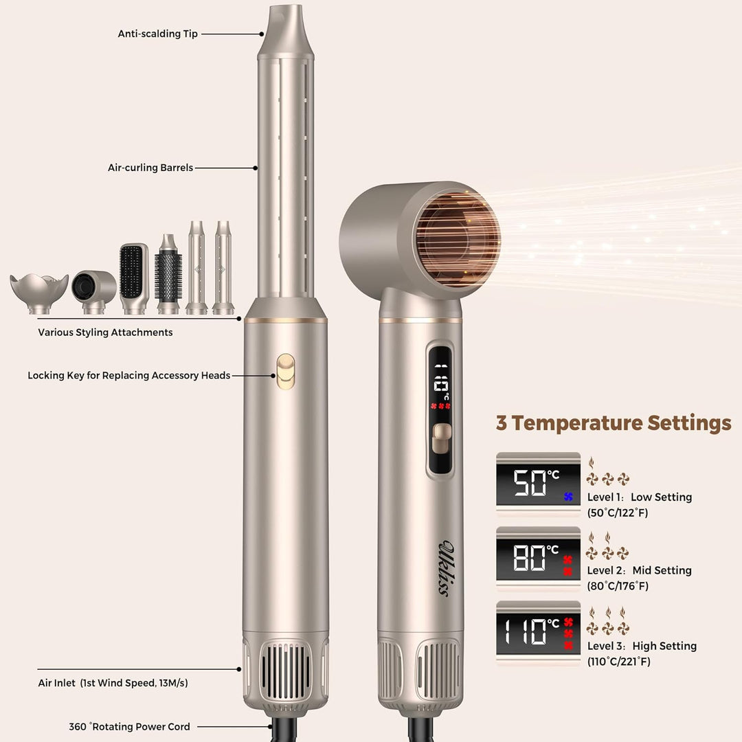 UKLISS 6 in 1 Hairstyler mit LCD-Display, Hair Styler Set mit Föhn für Locken, Rundbürstenföhn, Haar
