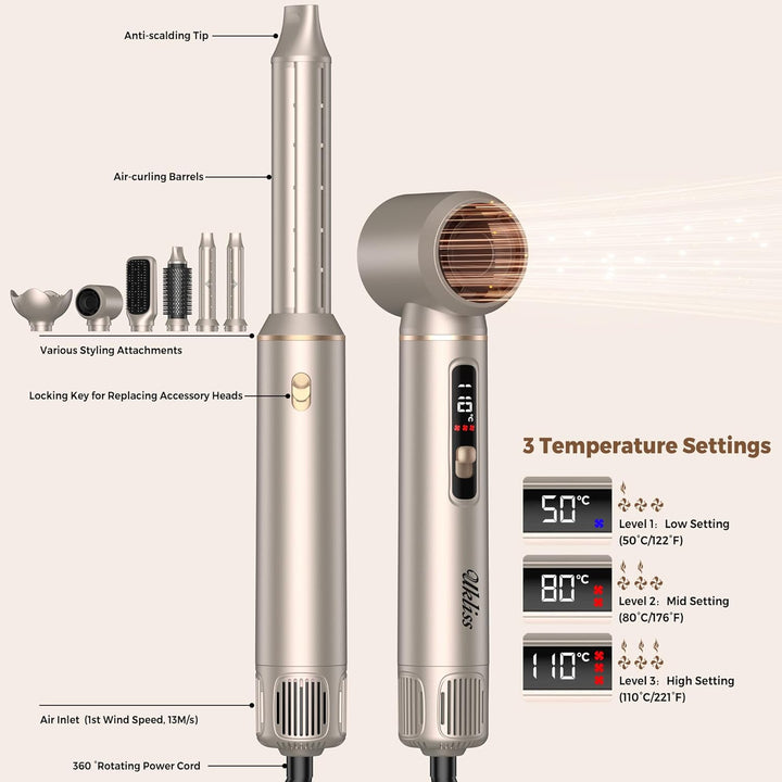 UKLISS 6 in 1 Hairstyler mit LCD-Display, Hair Styler Set mit Föhn für Locken, Rundbürstenföhn, Haar
