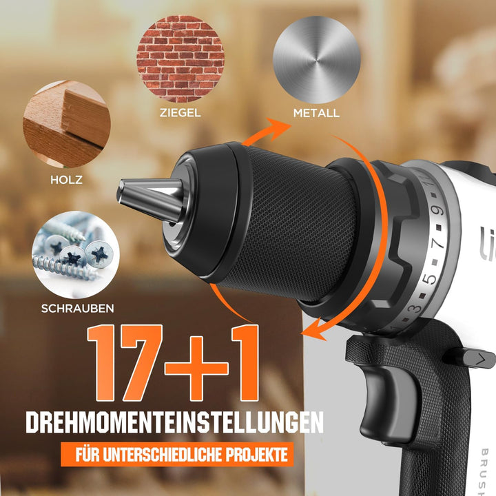 Litheli 20V Akku Bohrschrauber mit 2X10.000mAh Li-Ion Akku, 60 Nm Maximaldrehmoment, 17+1 Drehmoment