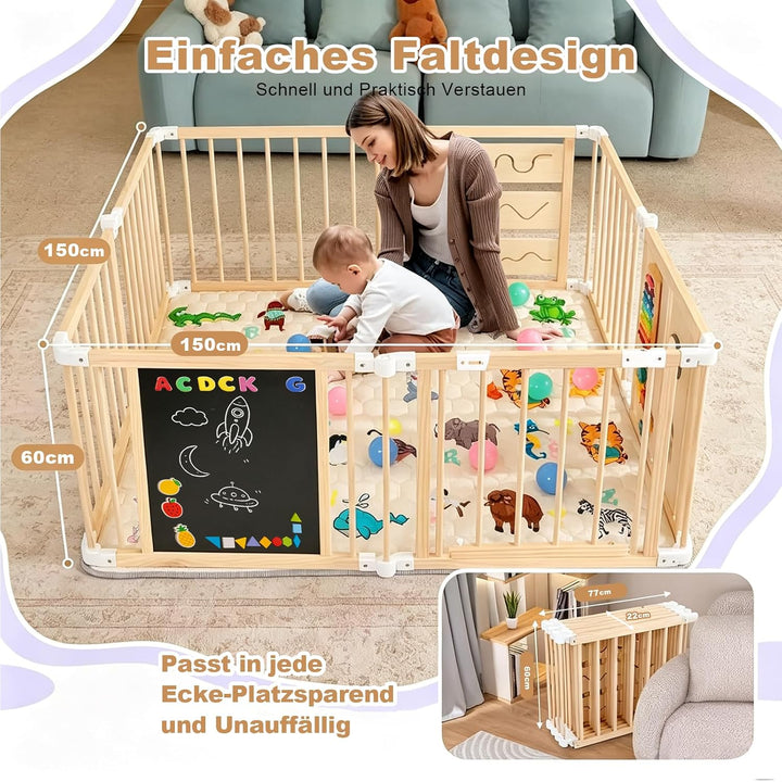 Laufstall Baby Holz, Faltbares XL Laufgitter mit Matratze &amp; 50 Bällen, Verstellbare Gross &amp; Form, Mo