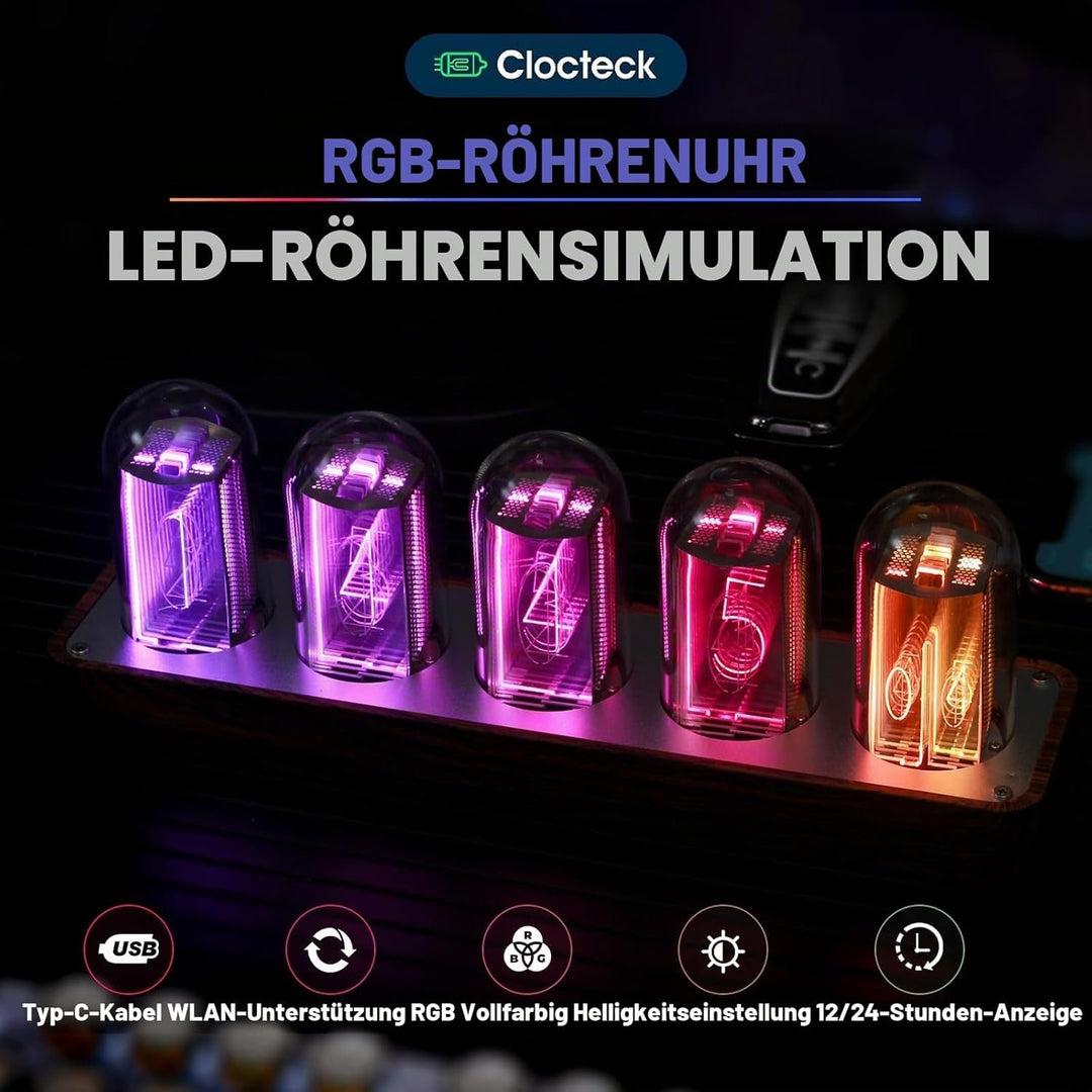 ClocTeck Nixie Röhrenuhr mit WLAN-Synchronisation, Alarm & Timer, 12/24H Display, keine Montage erfo
