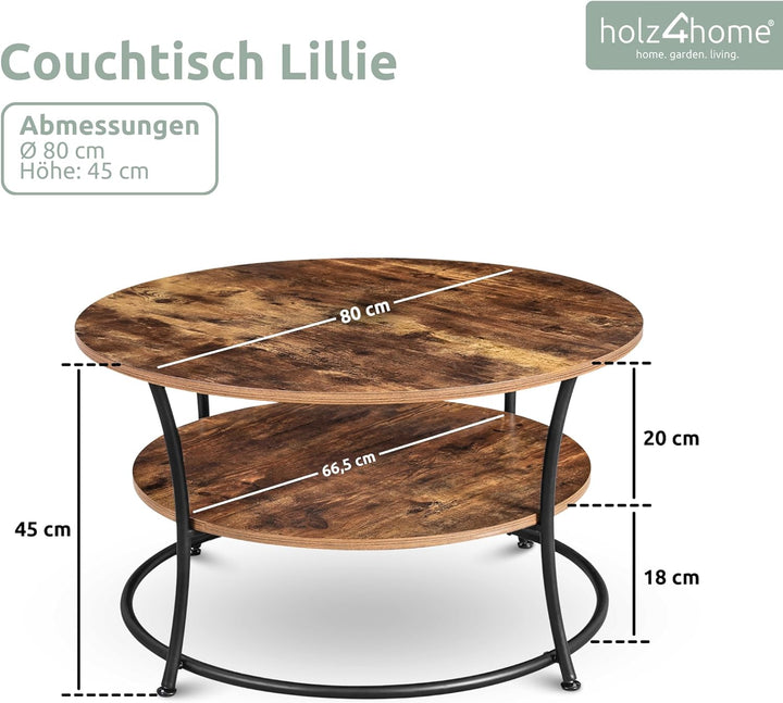 holz4home® Couchtisch Lillie runder Wohnzimmertisch | mit Ablage | einfache Montage | Industrial-Loo
