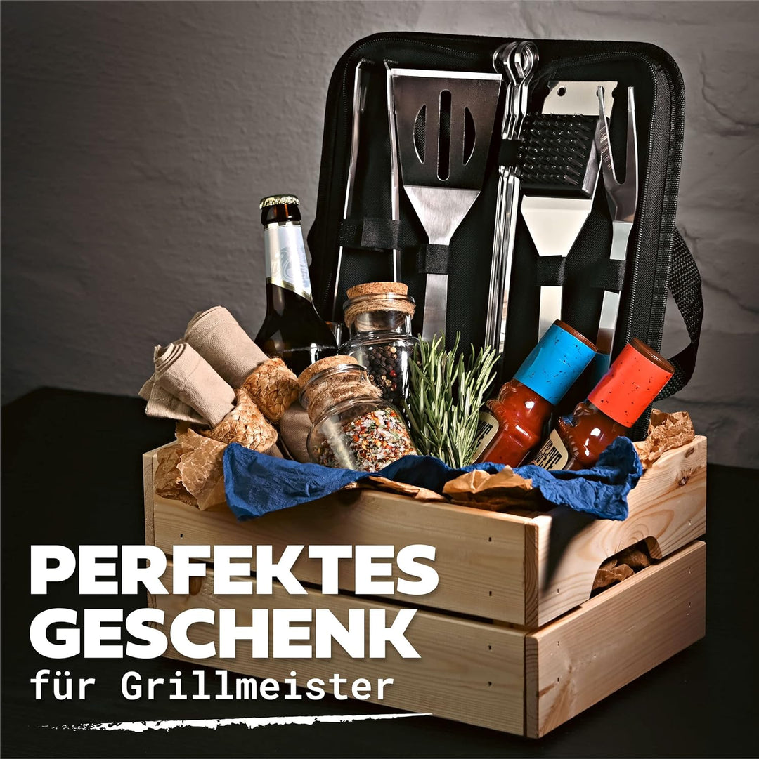 Praknu 𝗘𝘀𝘀𝗲𝗻𝘁𝗶𝗲𝗹𝗹𝗲𝘀 Grillbesteck Set aus Edelstahl - Hitzebeständig &amp; Rostfrei inkl. praktischer Tra