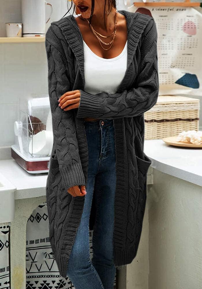 GeGekoko Strickjacke Damen mit Kapuze Langarm Grobstrick-Cardigan Open Front Sweater Herbst Winter C