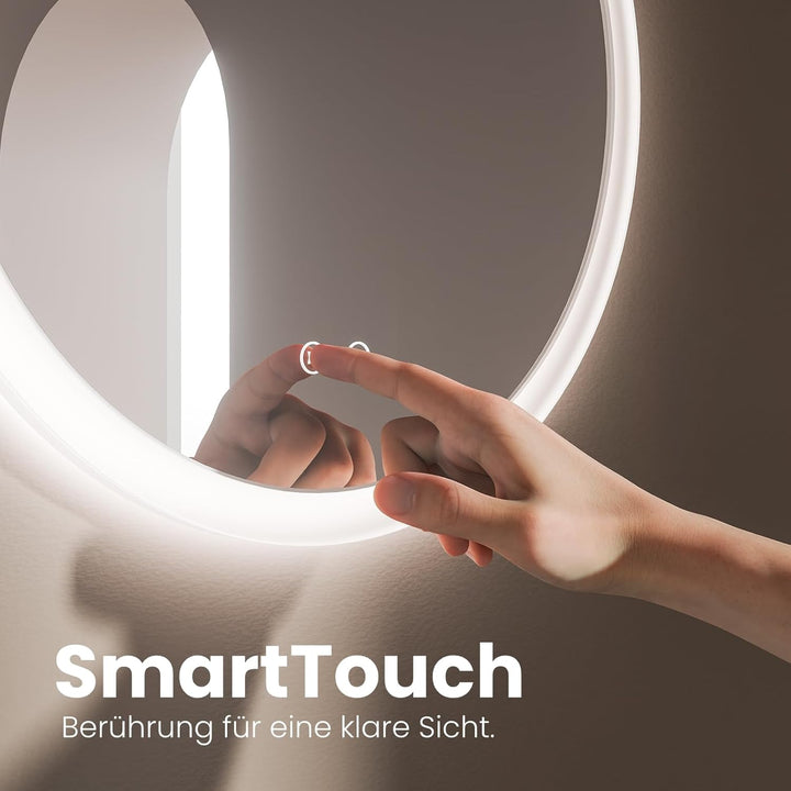 EMKE Badspiegel mit Beleuchtung Rund 60cm, Runder Spiegel mit 3 Lichtfarben Dimmbar, Beschlagfrei, T