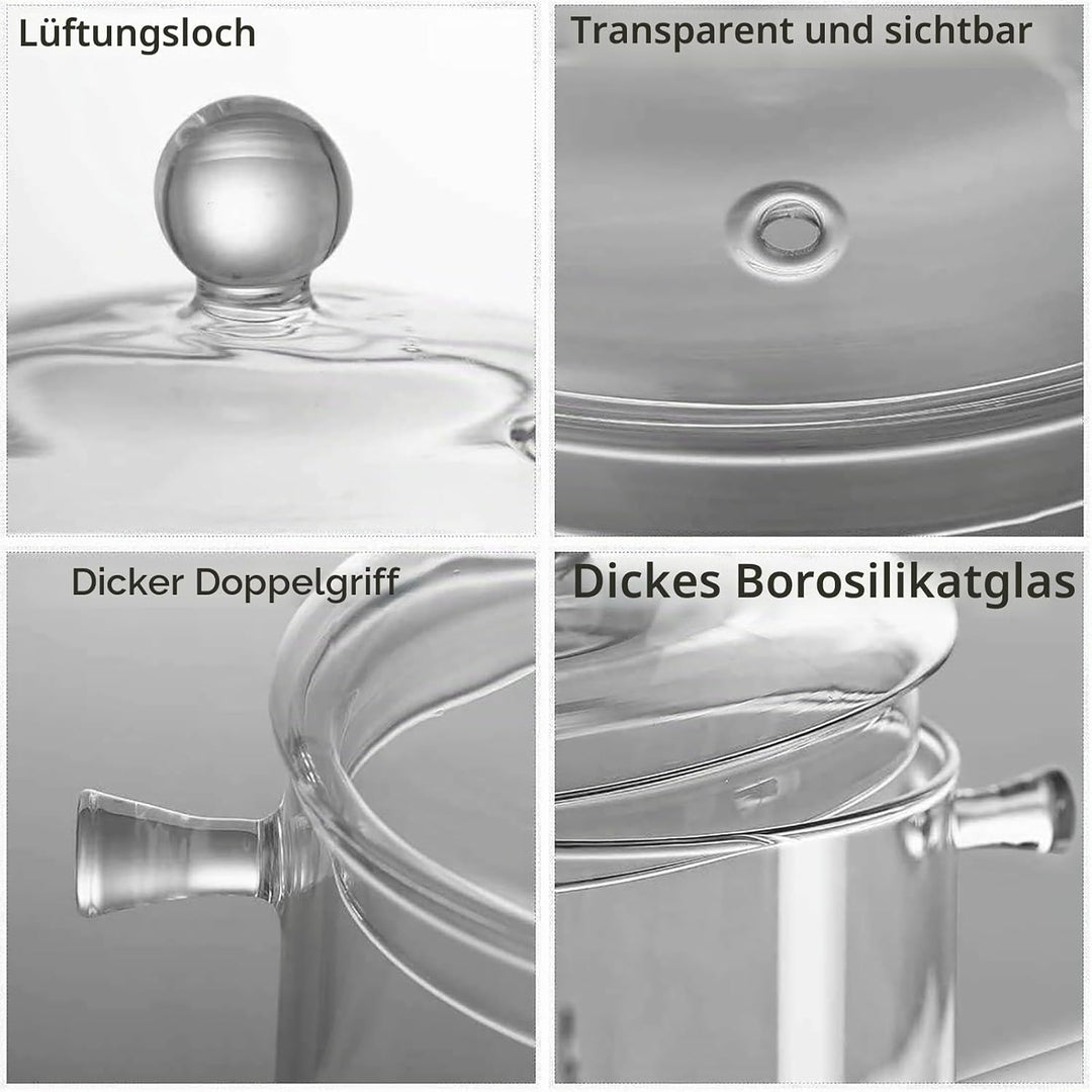 1400ml Glas Topf, Glastopf mit Deckel zum Kochen, Hochtemperaturbeständiger Transparenter Glaspfanne