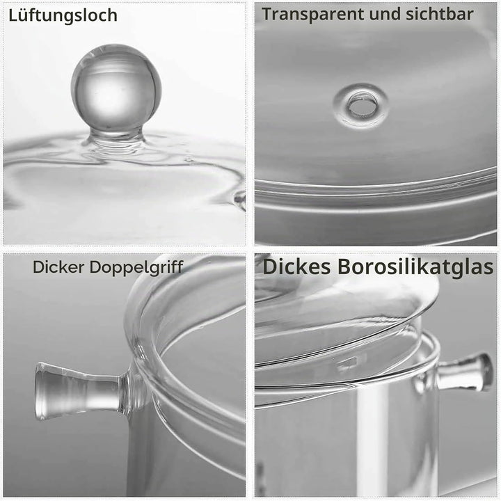 1400ml Glas Topf, Glastopf mit Deckel zum Kochen, Hochtemperaturbeständiger Transparenter Glaspfanne