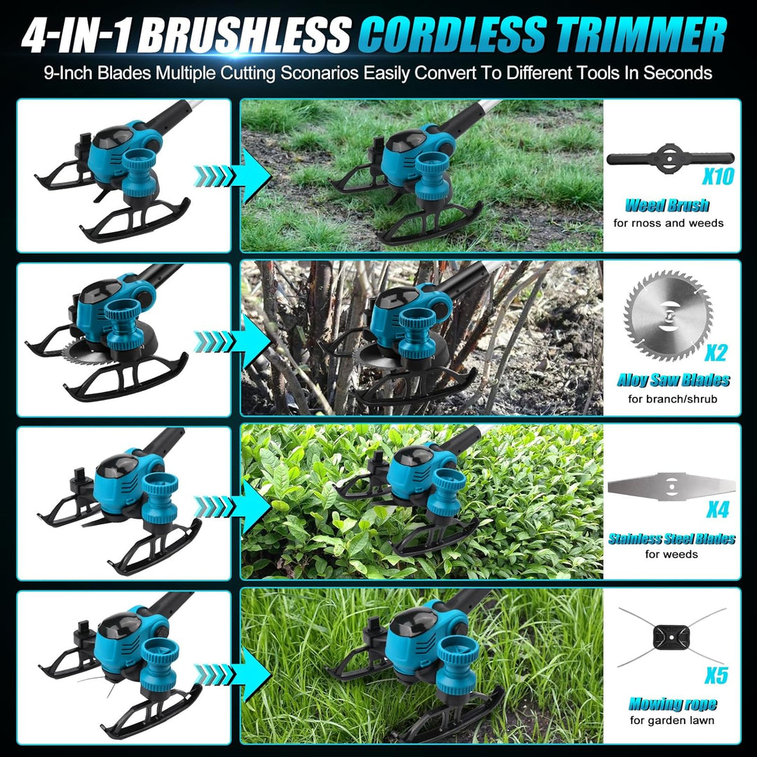 Akku Rasentrimmer Mit 2 x 2000 MAh Akku, Kompatibel Mit Makita 18 V, Unkrautkopf und 3 Klingentypen,
