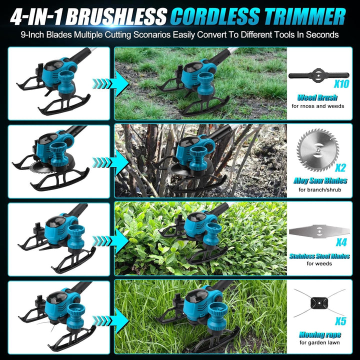 Akku Rasentrimmer Mit 2 x 2000 MAh Akku, Kompatibel Mit Makita 18 V, Unkrautkopf und 3 Klingentypen,