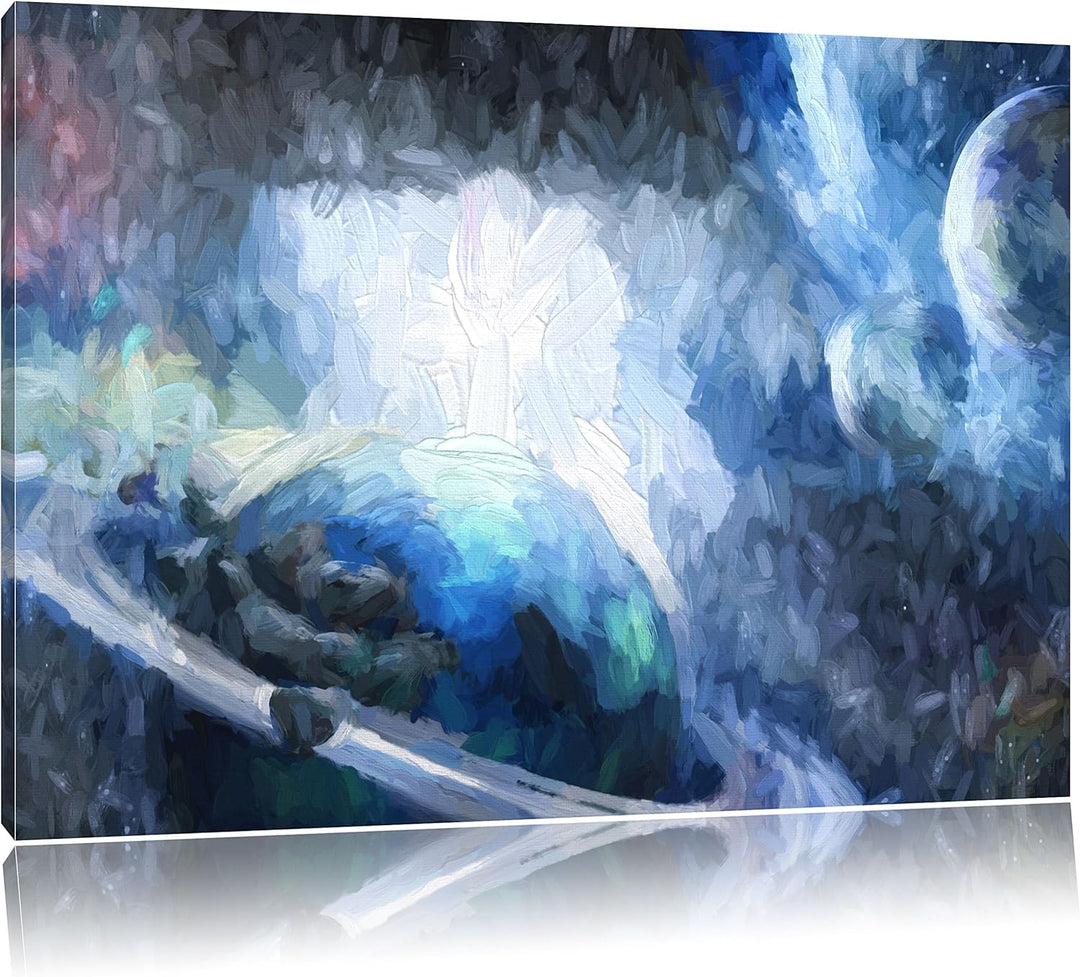 Pixxprint Planeten und Meteoriten im Weltraum Kunst Pinsel Effekt, Format: 100x70 auf Leinwand, 100x