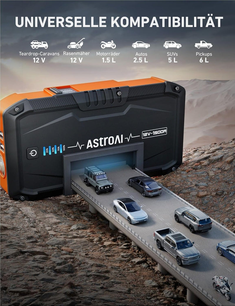 AstroAI S8 Starthilfe Powerbank, 1500A Auto Starthilfe Powerbank, 12V Tragbare Starthilfe, Batterie