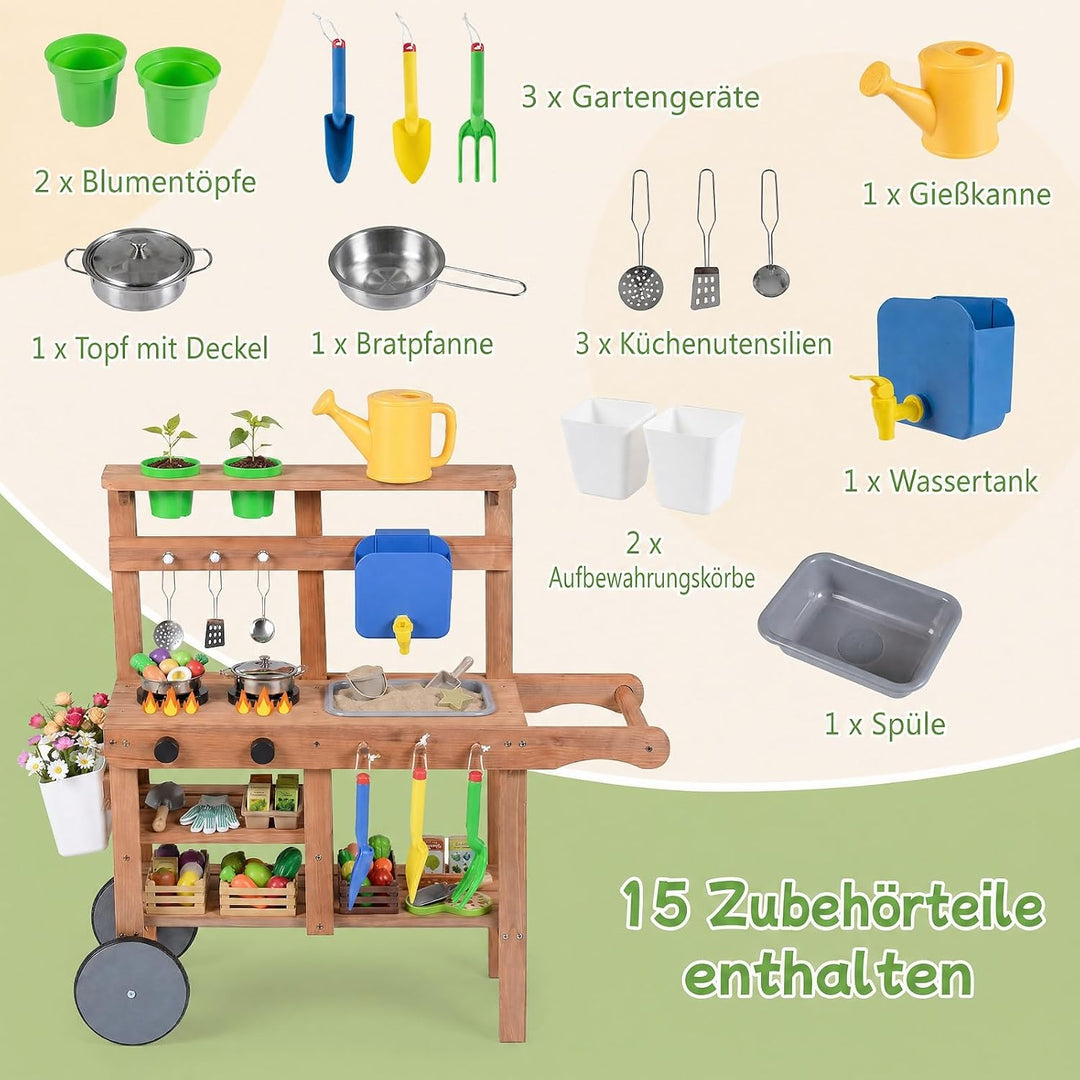 COSTWAY Matschküche Kinder Outdoor, Spielküche mit Wassertank &amp; Wasserhahn | Kinderküche mit Rädern,