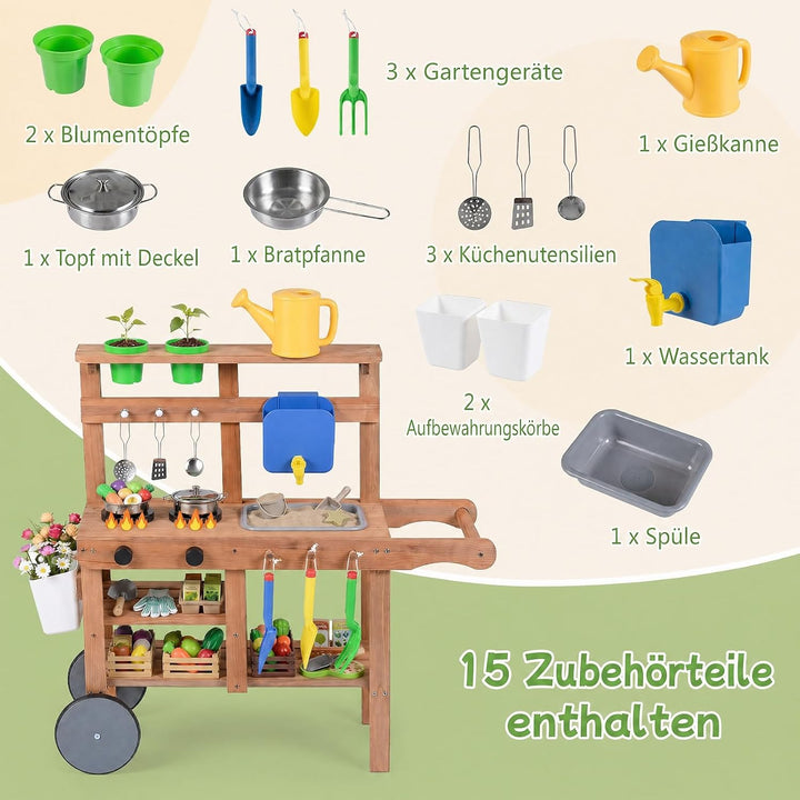 COSTWAY Matschküche Kinder Outdoor, Spielküche mit Wassertank &amp; Wasserhahn | Kinderküche mit Rädern,