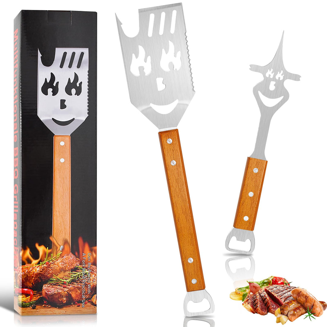 Cyiecw 2 Stück Grillbesteck Set, 7 in 1 Grillspachtel Edelstahl mit Holzgriff, Multifunktionales Gri