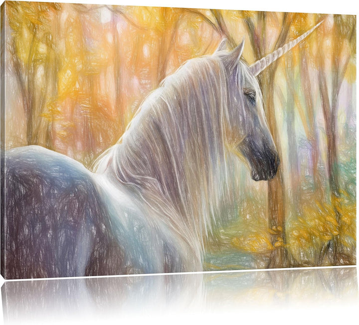Pixxprint Einsames Einhorn im Wald / 100x70cm Leinwandbild bespannt auf Holzrahmen/Wandbild Kunstdru