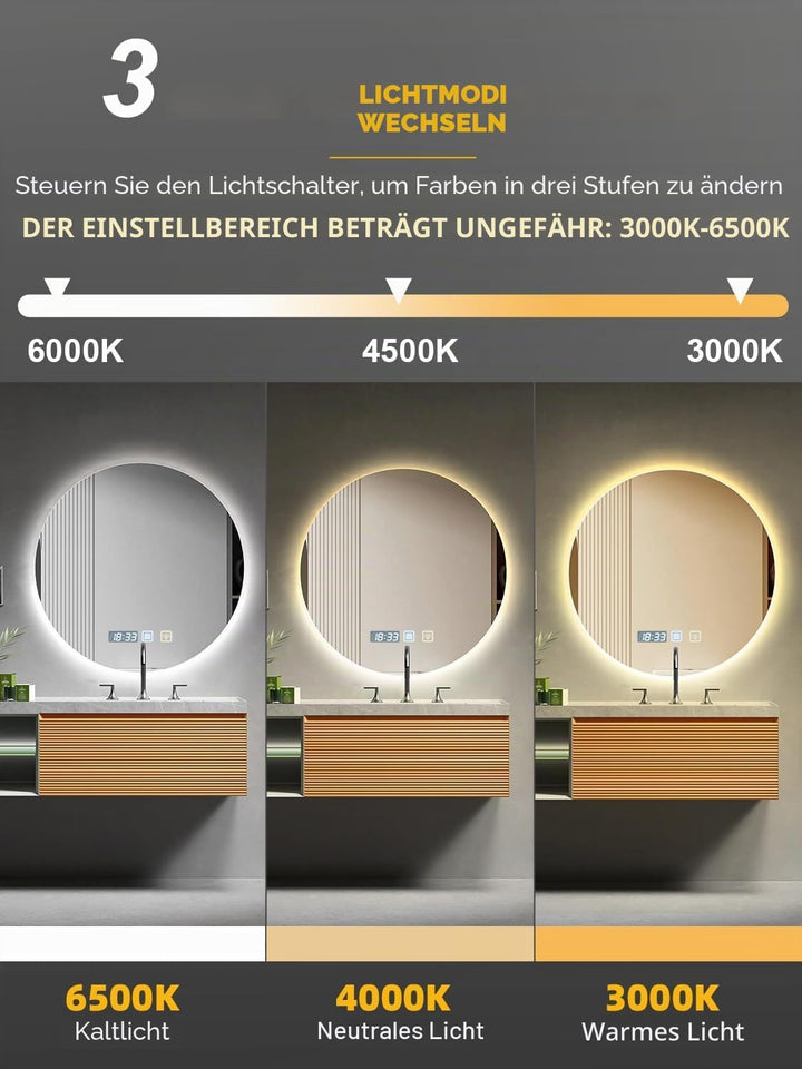 600mm Badspiegel mit Beleuchtung Dimmbar | Badezimmerspiegel mit Touch-Schalter Antibeschlag Timerfu