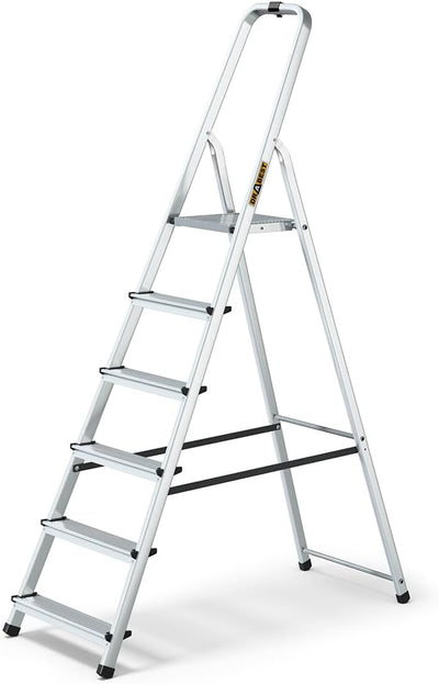 DRABEST Trittleiter Klappbar Alu Leiter 6 Stufen Stehleiter Haushaltsleiter Belastbar bis 125 kg Meh
