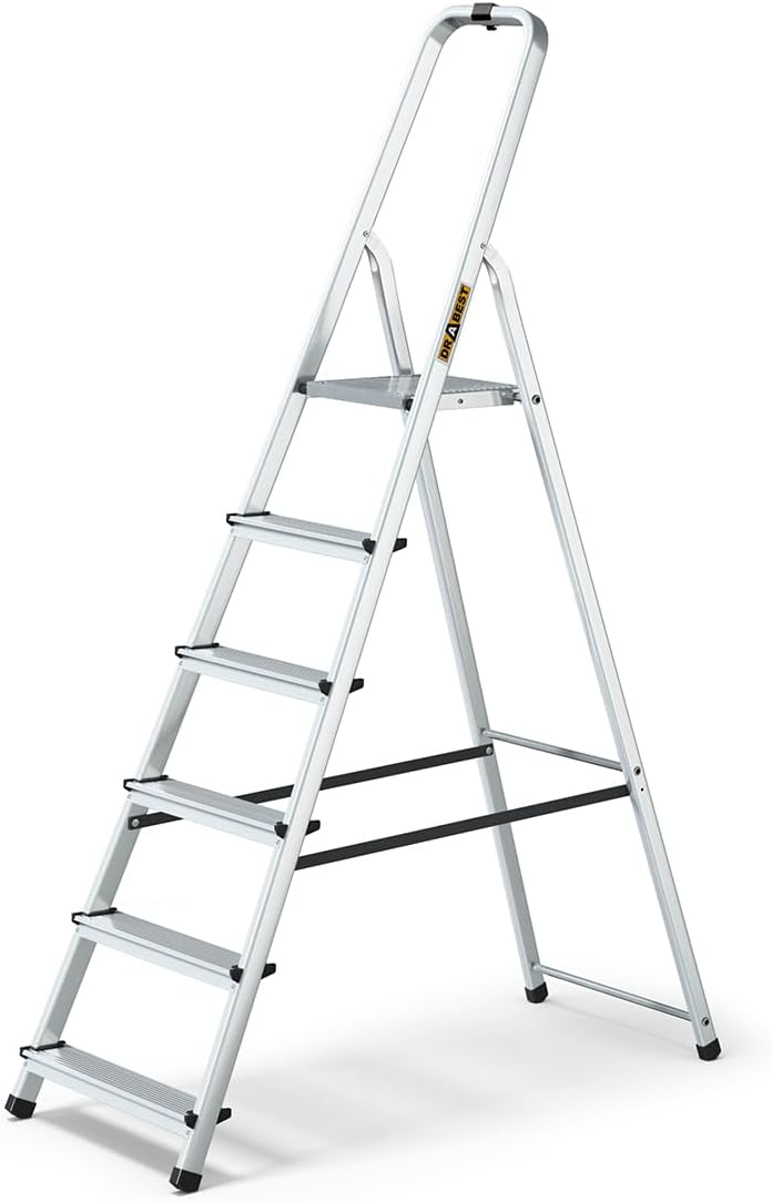 DRABEST Trittleiter Klappbar Alu Leiter 6 Stufen Stehleiter Haushaltsleiter Belastbar bis 125 kg Meh