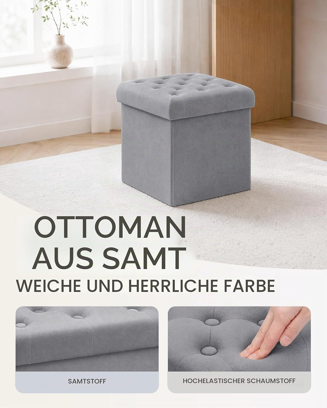 Bonlife Faltbarer Sitztruhe mit Stauraum,Samt Sitzwürfel Couch Hocker,Aufbewahrungsbox mit Deckel,Fu