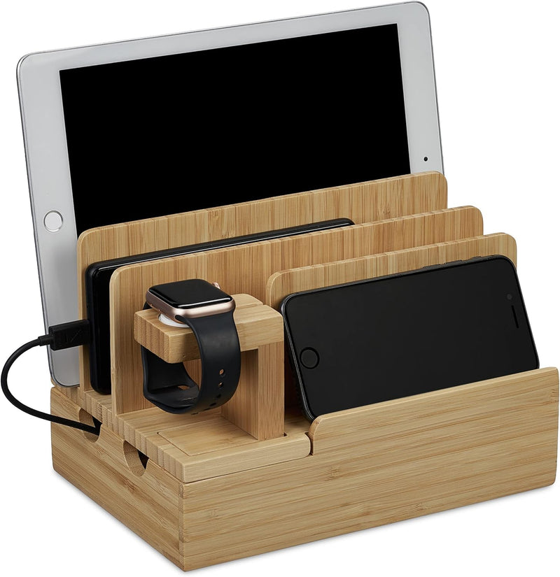 Relaxdays Ladestation, für Apple Watch, Bambus, HxBxT 15 x 21,5 x 15 cm, Handystation, Tablethalter,