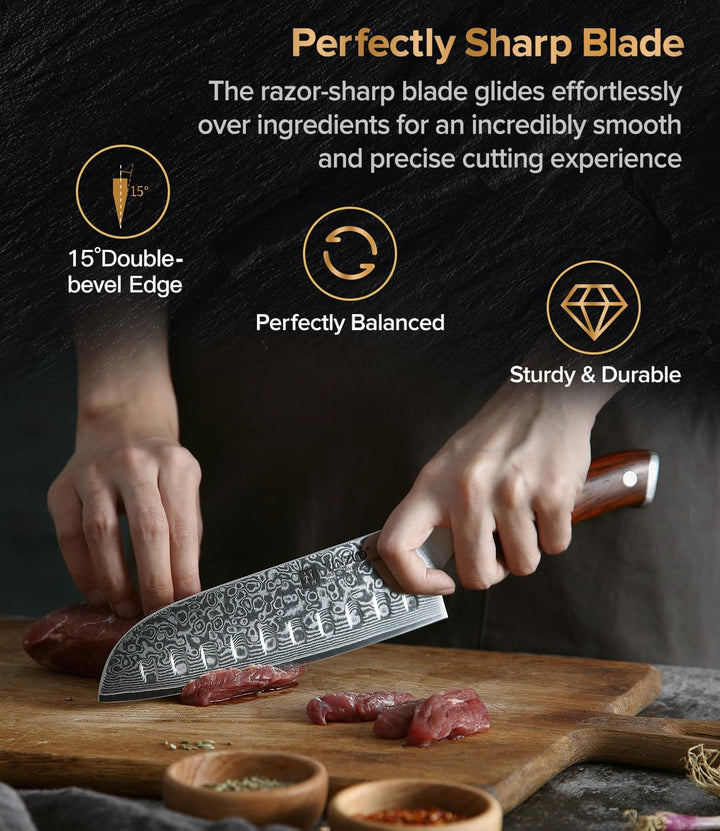 XINZUO 18cm Damaststahl Santokumesser, Damastmesser Chefmesser Profi geschmiedet Kochmesser, Scharfe