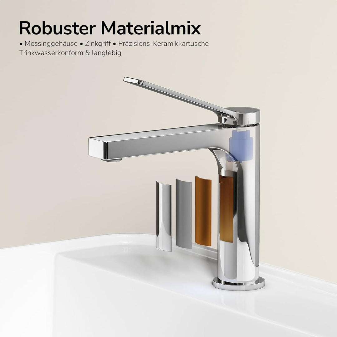 EMKE Wasserhahn Bad Chrom, waschtischarmatur, 4MS Messing, Wasserhahn Bad mit Auslauf Höhe 125mm, Mi
