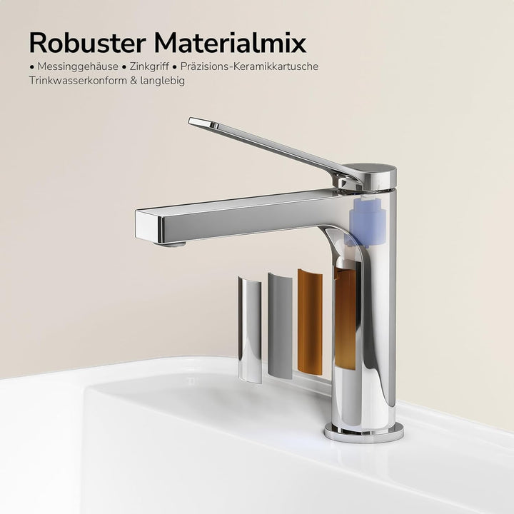 EMKE Wasserhahn Bad Chrom, waschtischarmatur, 4MS Messing, Wasserhahn Bad mit Auslauf Höhe 125mm, Mi
