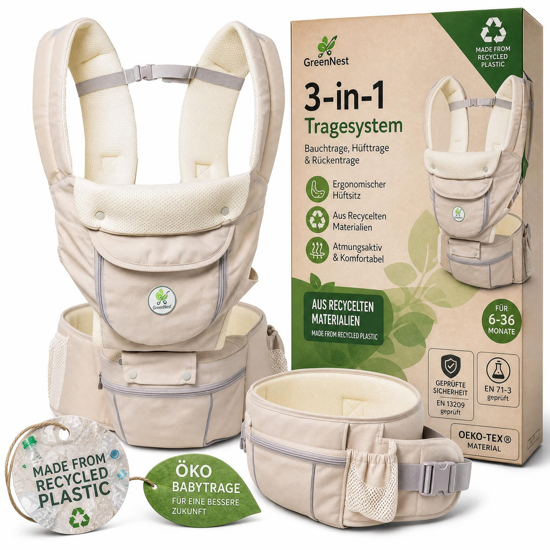ÖKO Babytrage mit Hüftsitz 3 in 1 aus recycelten Materialien Bauchtrage, Hüfttrage &amp; Rückentrage - a