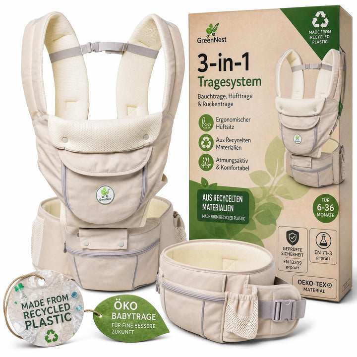 ÖKO Babytrage mit Hüftsitz 3 in 1 aus recycelten Materialien Bauchtrage, Hüfttrage &amp; Rückentrage - a
