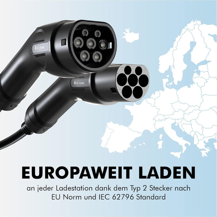 EVbee EV Typ 2 zu Typ 2 Universal Ladekabel Mode 3 für Hybrid- &amp; Elektroautos 22kW / 5m (380V, 32A,