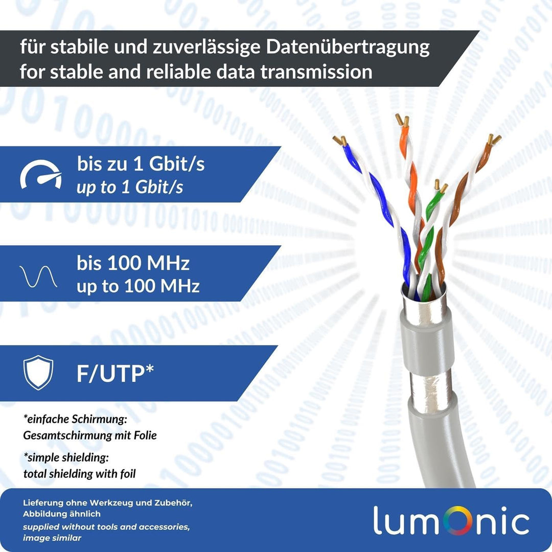 Lumonic LAN Netzwerkkabel 50m | LAN Kabel CAT5e F/UTP | Verlegekabel 4X 2X AWG26/1 (starr) | 100MHz