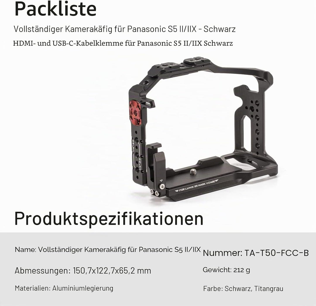 Tilta Full Camera Cage Kompatibel mit Lumix S5 II/S5 IIX/G9 II mit HDMI USB-C Kabelklemme - Schwarz