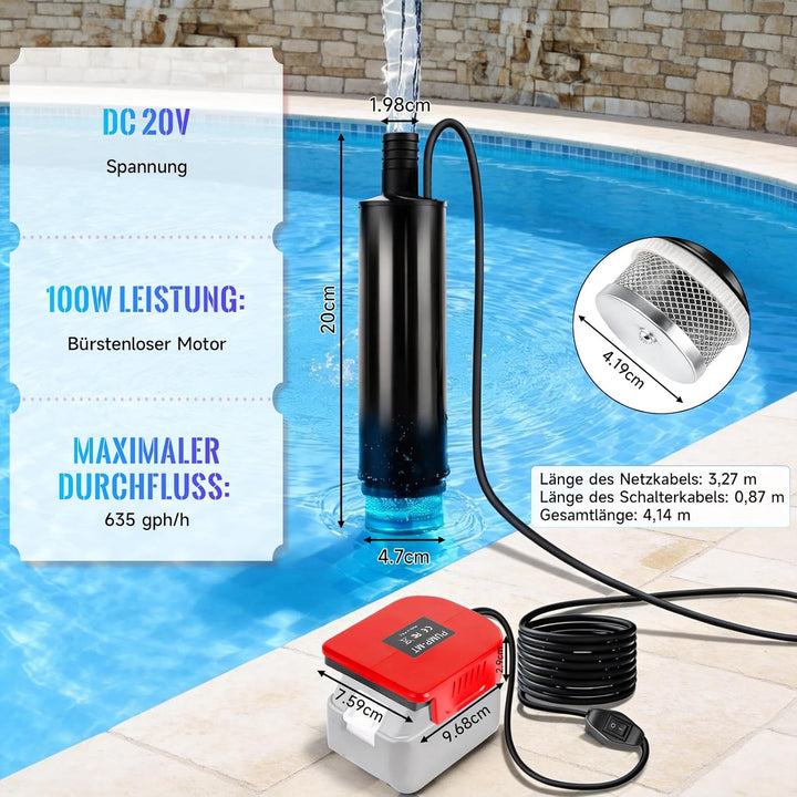 Tauchpumpe kompatibel mit Einhell 18V Akku, 30 L/min Mini Wasserpumpe, Tragbare Gartenpumpe mit 4,5
