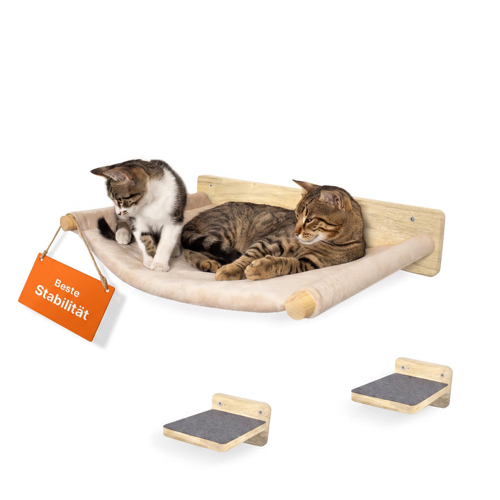 WOOWOOD® 2X Kletterwand Katzen - 2X Katzentreppe Wand [Vollholz] - Kratzbaum Wand - Hängematte Katze