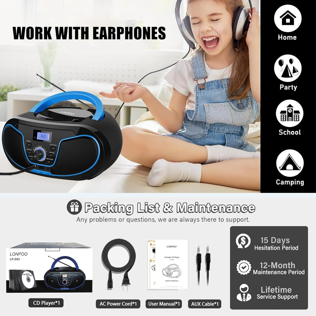 Tragbar CD Player Boombox Bluetooth - mit UKW Radio, USB Eingang & AUX & Kopfhörern Ports, 2 x 2 Wat