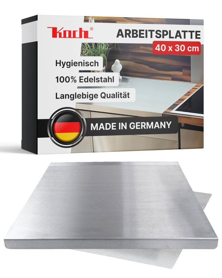 Koch Arbeitsplatte Edelstahl I 40 x 30 cm I Arbeitsfläche, Schneidebrett & Knetbrett mit 2 Anschlagk
