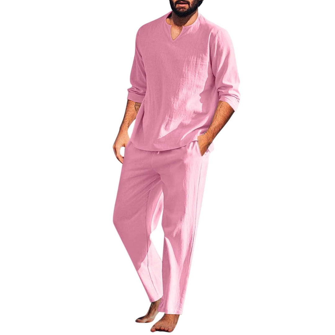 Duohropke Herren Leinenanzug Zweiteiler Sommer Freizeitanzug Leinen Hemd und Hose Männer Outfit Casu