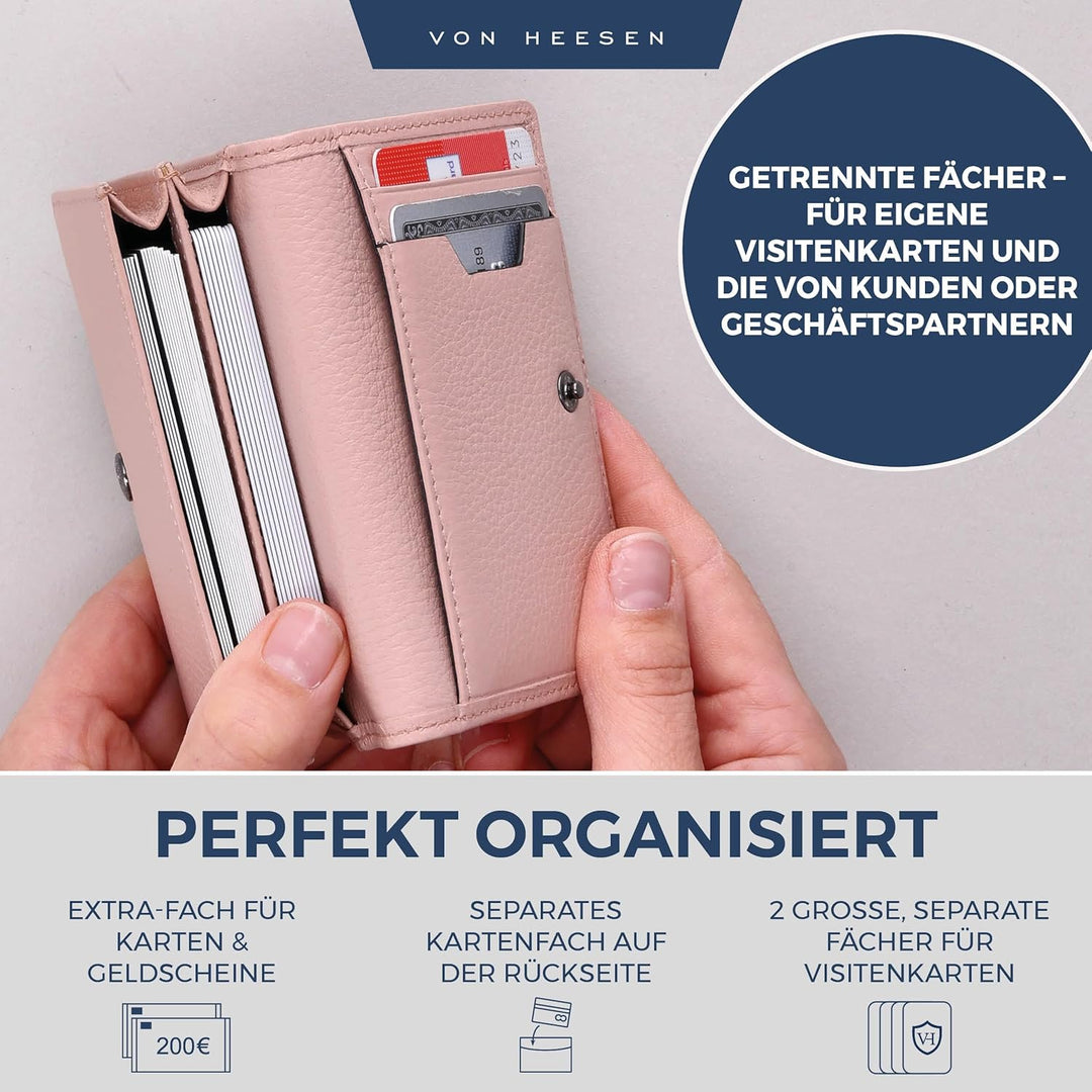 VON HEESEN® Visitenkartenetui Leder mit RFID-Schutz - Platz für 50 Visitenkarten - 6 Fächer - Visite