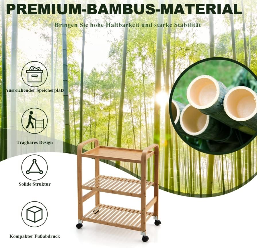 GOPLUS Bambus-Küchenwagen mit Abnehmbaren Rädern, 3-stöckiger Sevierwagen mit Griff, Multifunktional