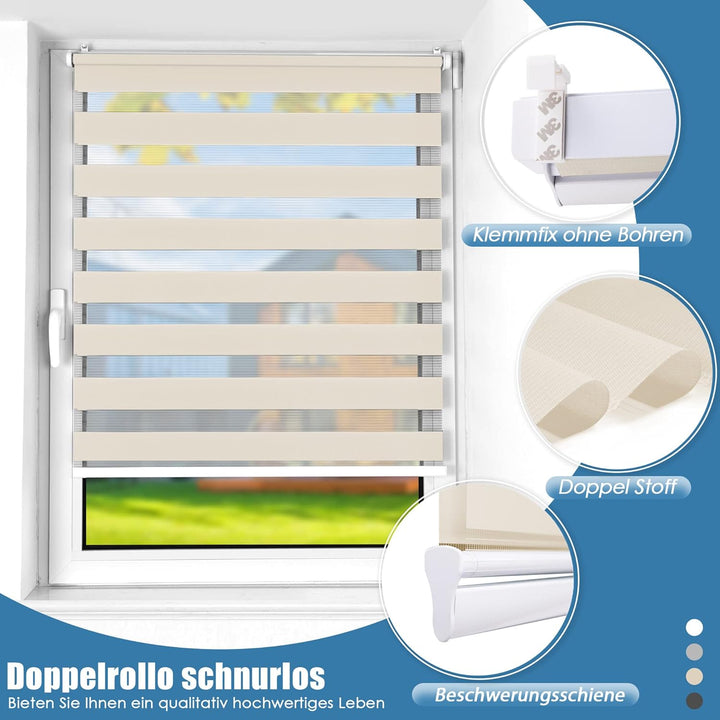 SBARTAR Doppelrollo schnurlos Klemmfix Rollos für Fenster ohne Bohren & zum Bohren, Natur 90x150cm (