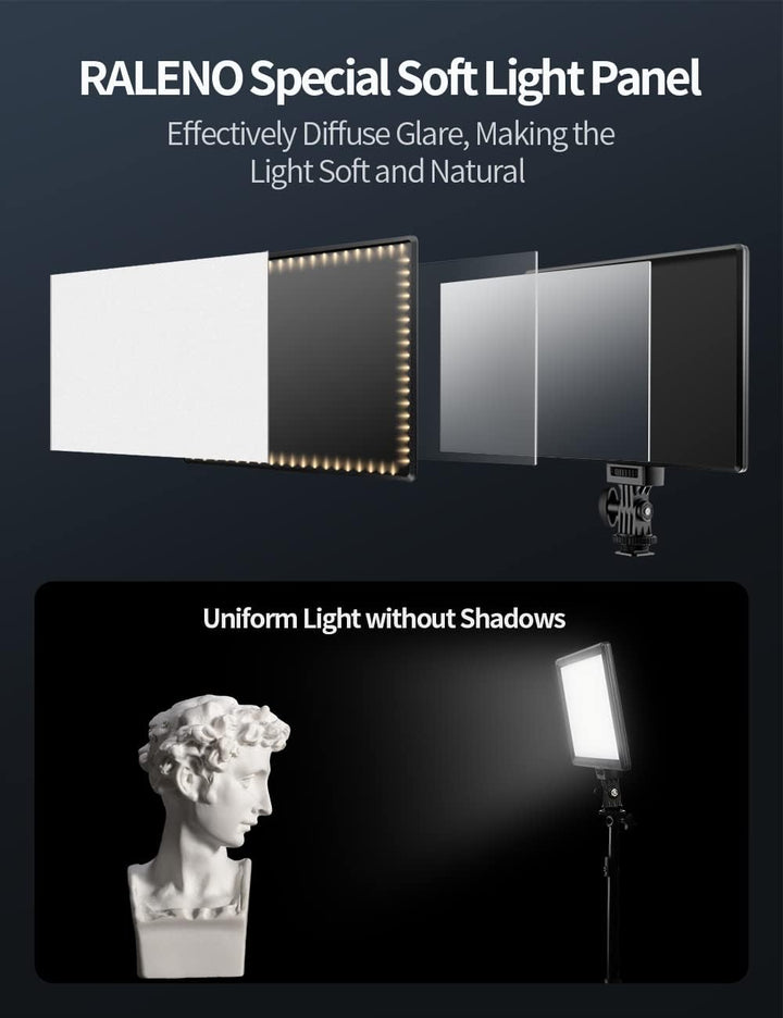 RALENO LED Kamera Video Licht, Eingebauter Wiederaufladbare Batterien 3200K-5600K Dimmbarer Zweifarb
